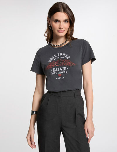 Camiseta con mensaje gris oscuro mujer