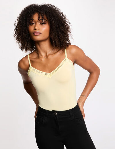 Top tirantes finos con bandas de encaje amarillo claro mujer