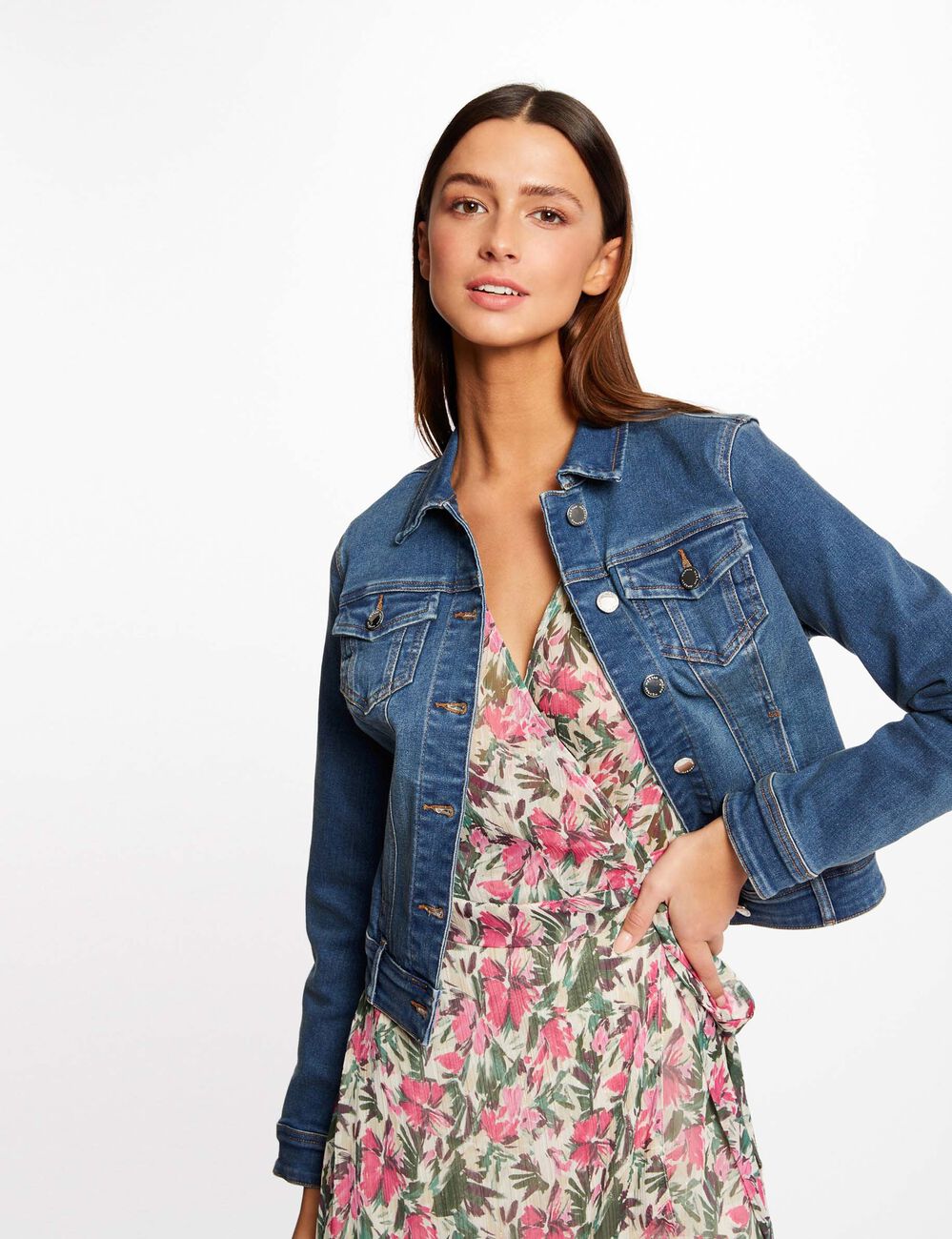 Chaqueta vaquera recta abotonada denim stone mujer
