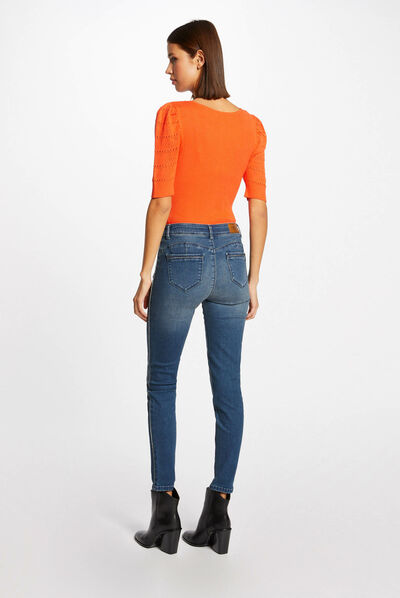 Vaquero slim estilo corto con bandas vaquero stone mujer