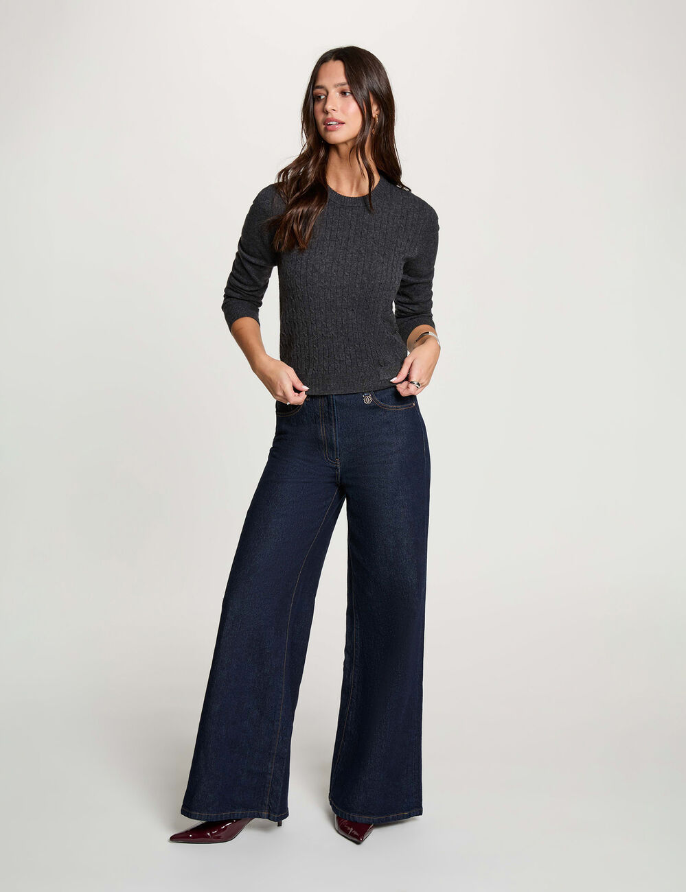 Jersey cuello redondo boucle gris oscuro mujer