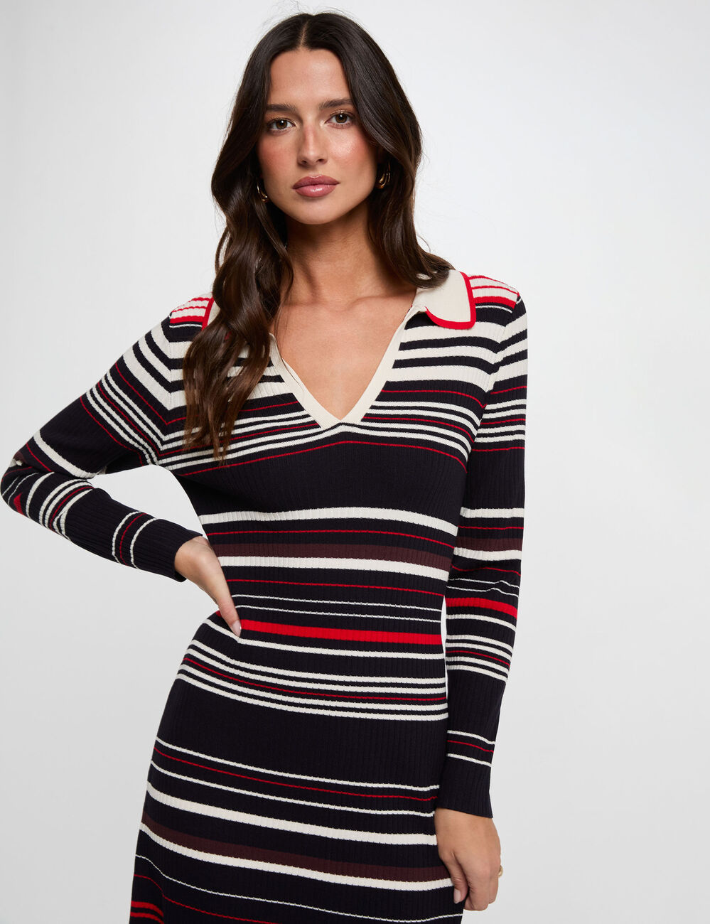 Vestido de punto rayado manga larga azul marino mujer
