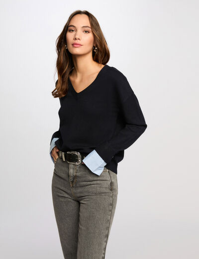 Jersey escote en V azul marino mujer