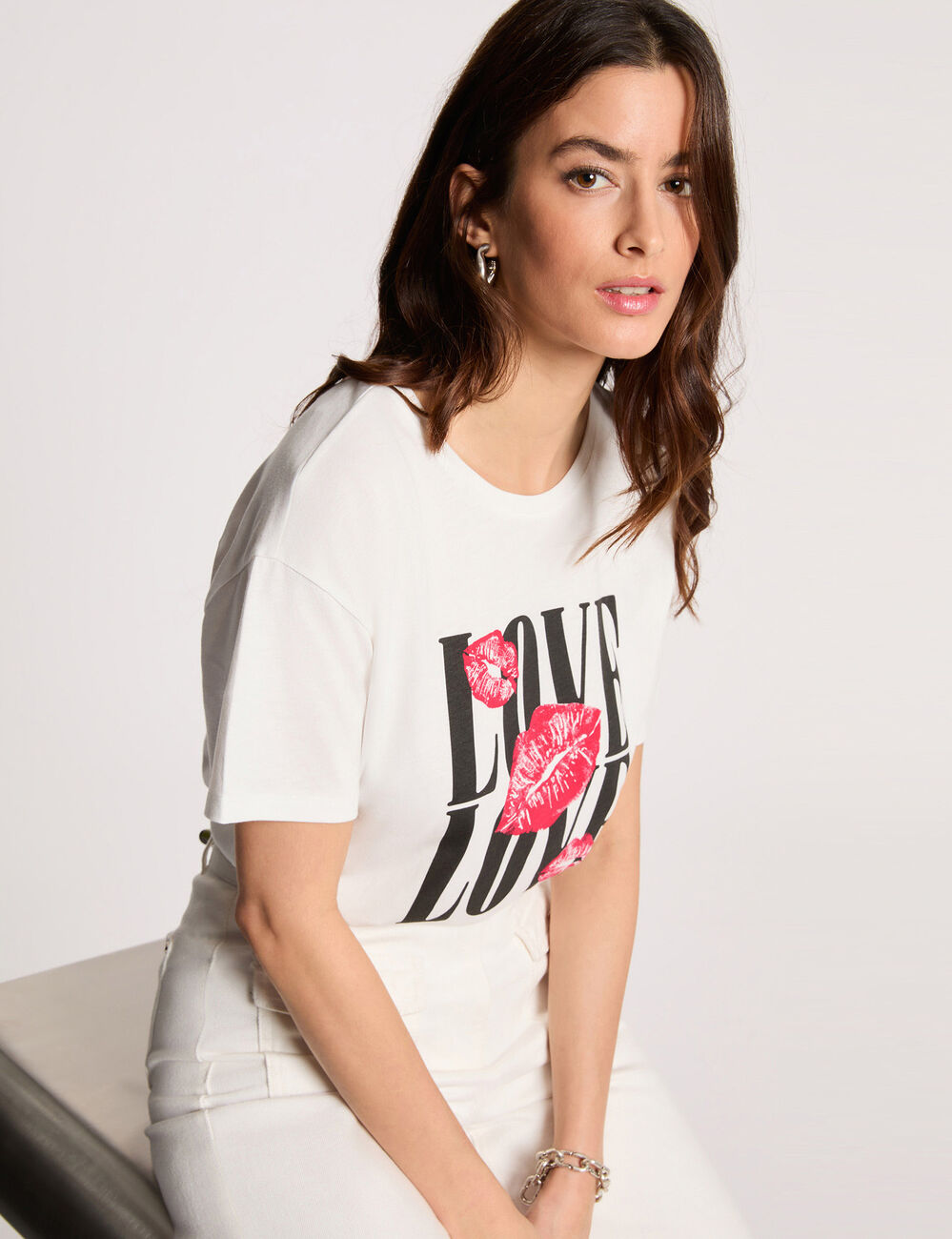 Camiseta recta cuello redondo blanco mujer