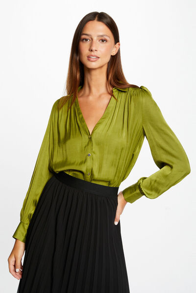 Camisa manga larga satinada anis mujer