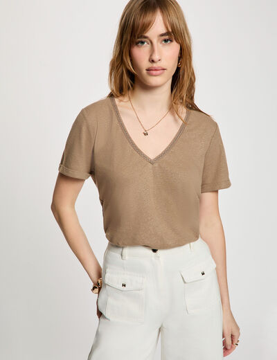 Camiseta con cuello en v con perlas topo mujer
