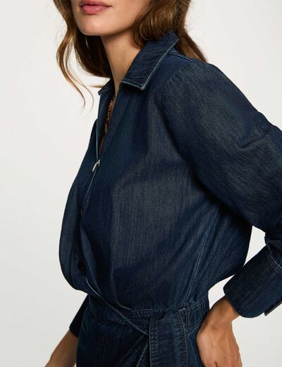 Vestido corto cruzado denim crudo mujer