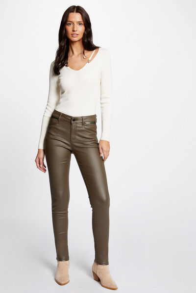 Pantalón skinny efecto mojado verde caqui mujer