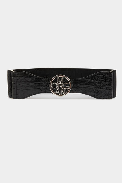 Cinturón elástico con hebilla logotipo negro mujer