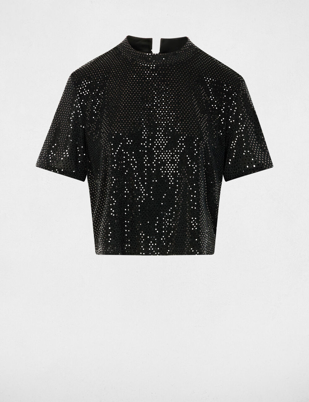 Camiseta de lentejuelas cuello alto negro mujer