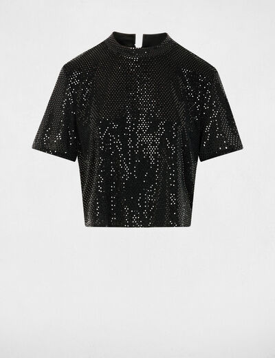 Camiseta de lentejuelas cuello alto negro mujer