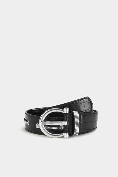 Cinturón con efecto cocodrilo y strass negro mujer