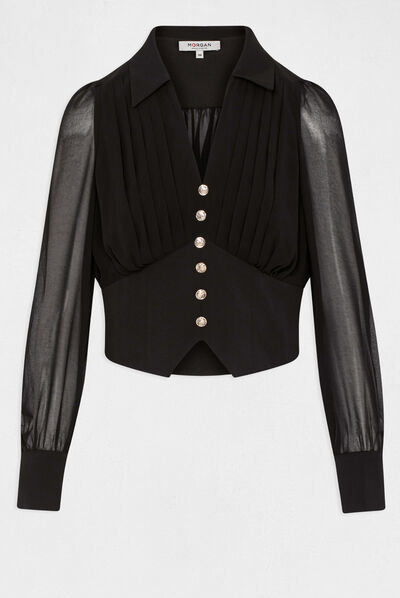 Blusa manga larga con pliegues negro mujer