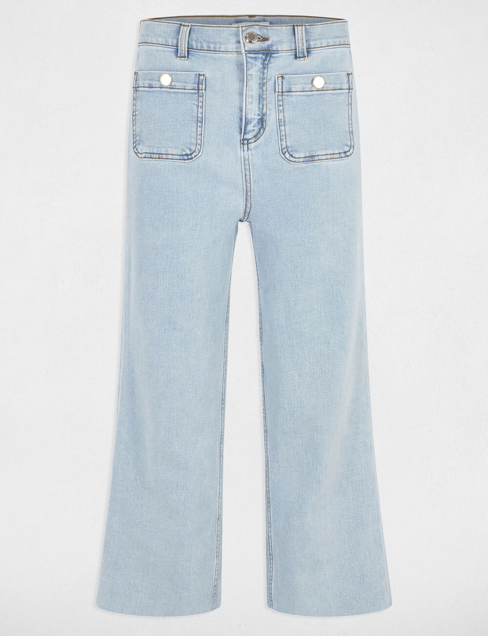 Pantalón pernera ancha denim descolorido mujer