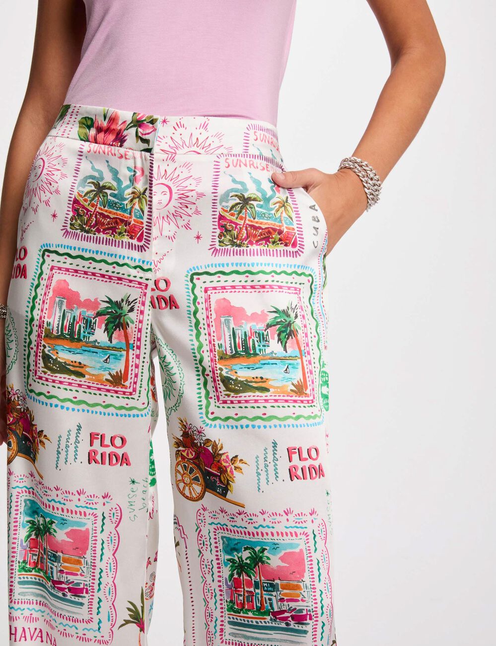 Pantalón ancho estampado multicolor mujer