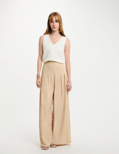 Pantalón pernera ancha pinzas creme mujer