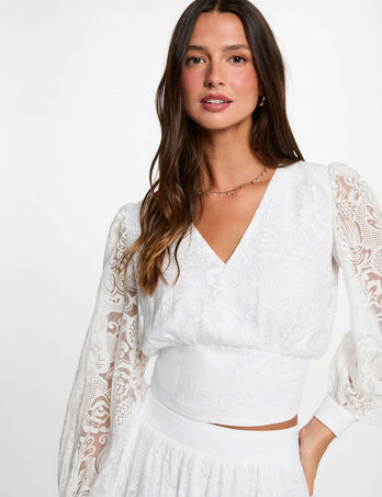 Blusa jacquard cuello v blanco mujer