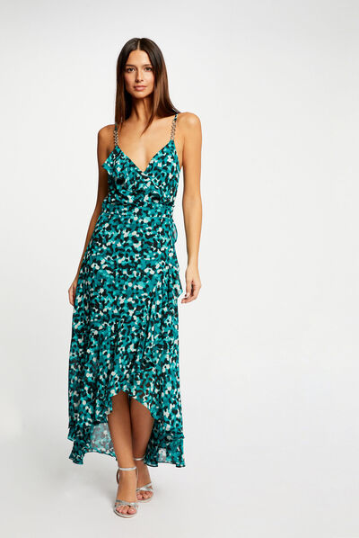 Vestido largo acampanado estampado verde mujer