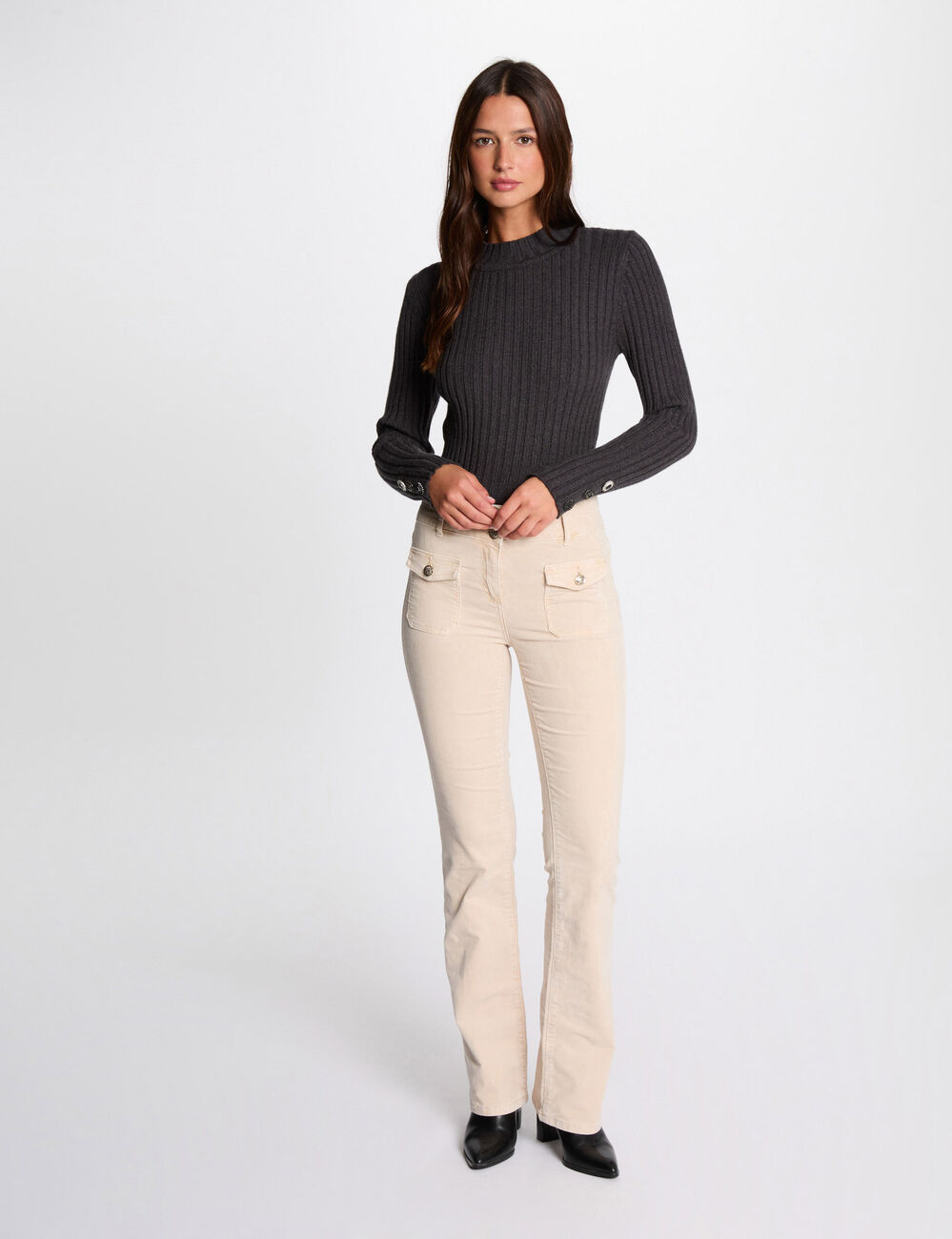 Pantalón ajustado terciopelo marfil mujer