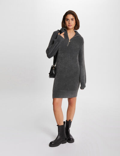Vestido de punto cuello con cremallera gris anthracite mujer