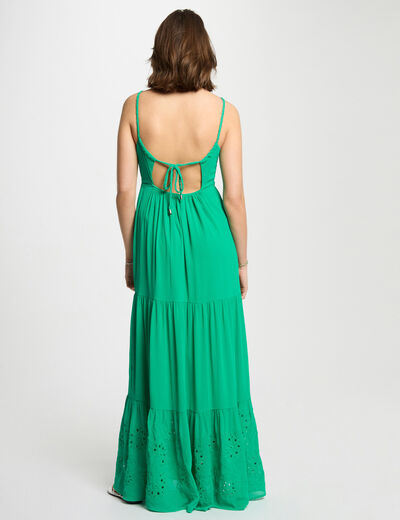 Vestido largo holgado bordado verde emeralda mujer