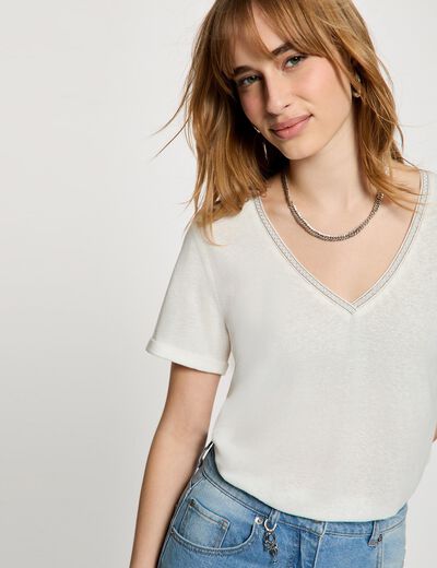 Camiseta con cuello en v con perlas blanco mujer