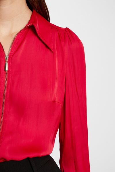Camisa manga larga satinada fucsia mujer