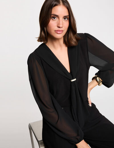 Camiseta de voile con cuello lazada negro mujer
