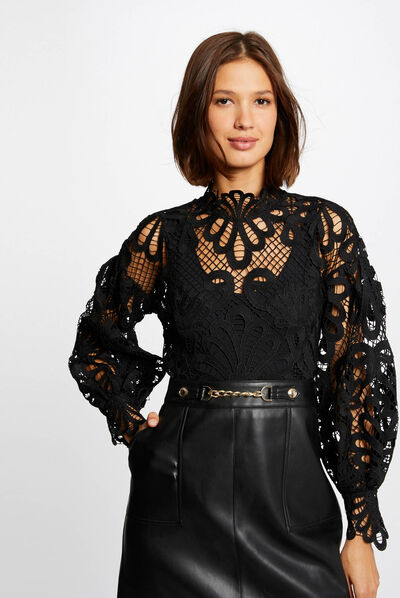 Blusa manga larga con encaje negro mujer