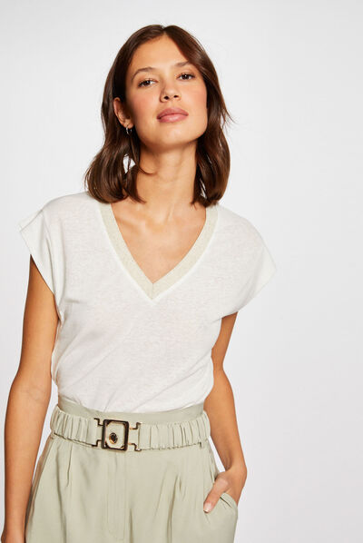 Camiseta manga corta con escote en V crudo mujer