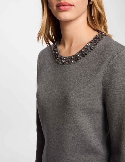 Vestido de punto con cuello redondo gris oscuro mujer