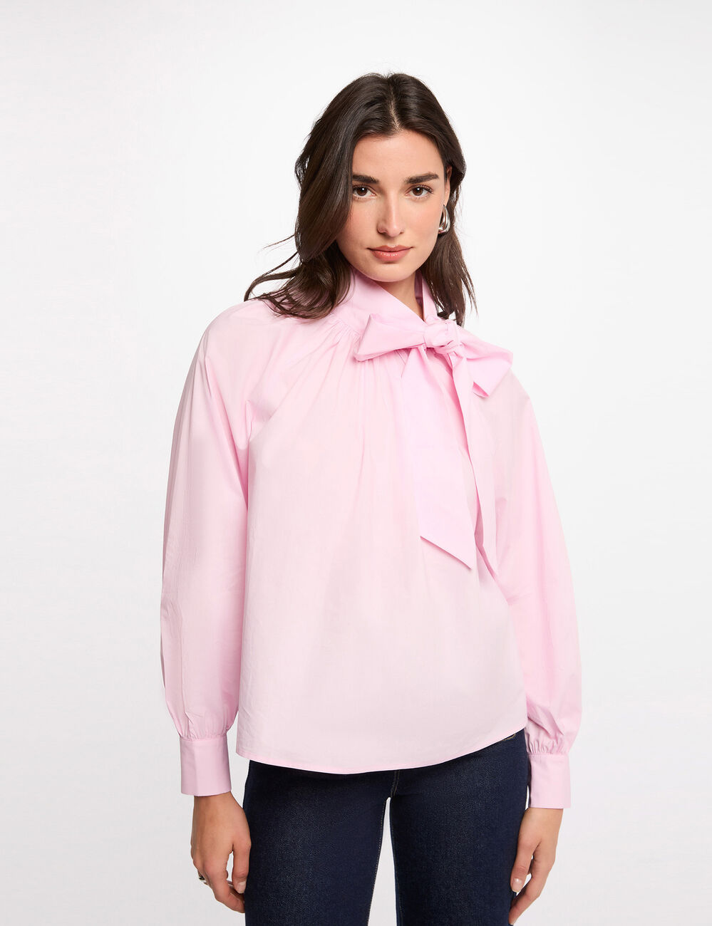 Blusa con cuello lazada rosa mujer