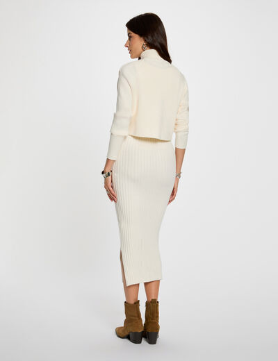 Vestido de punto con cuello alto marfil mujer