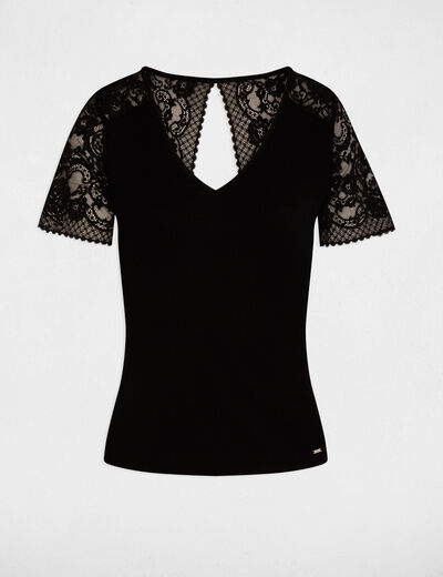 Camiseta de encaje con cuello en V negro mujer