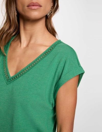 Camiseta brillante cuello v verde pradera mujer