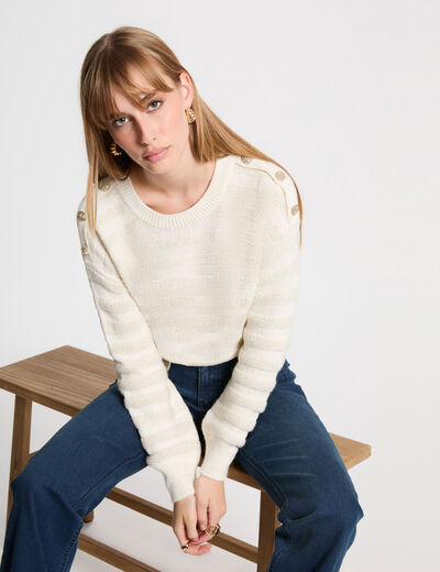 Jersey cuello redondo botones beige mujer