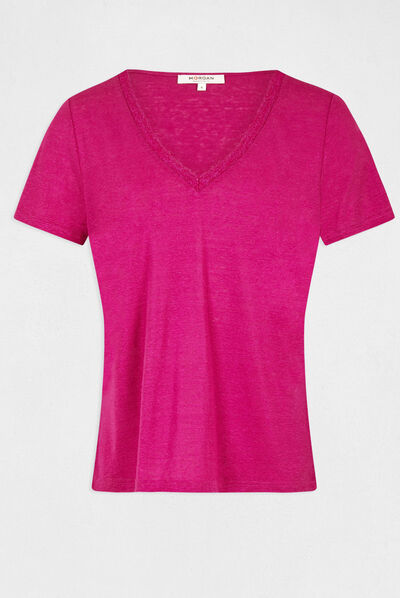 Camiseta manga corta con escote en V frambuesa mujer