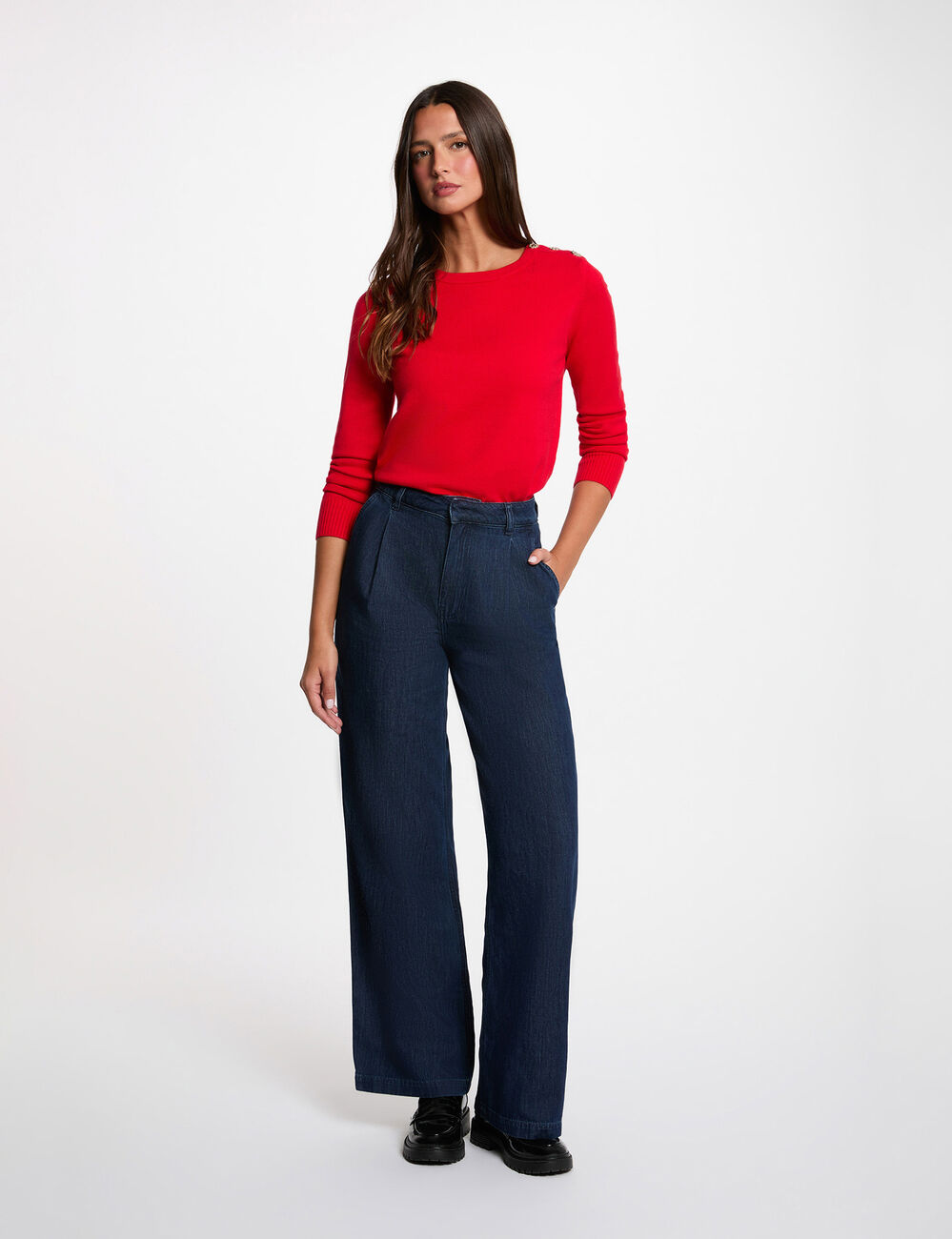 Jersey cuello redondo con botones rojo mujer