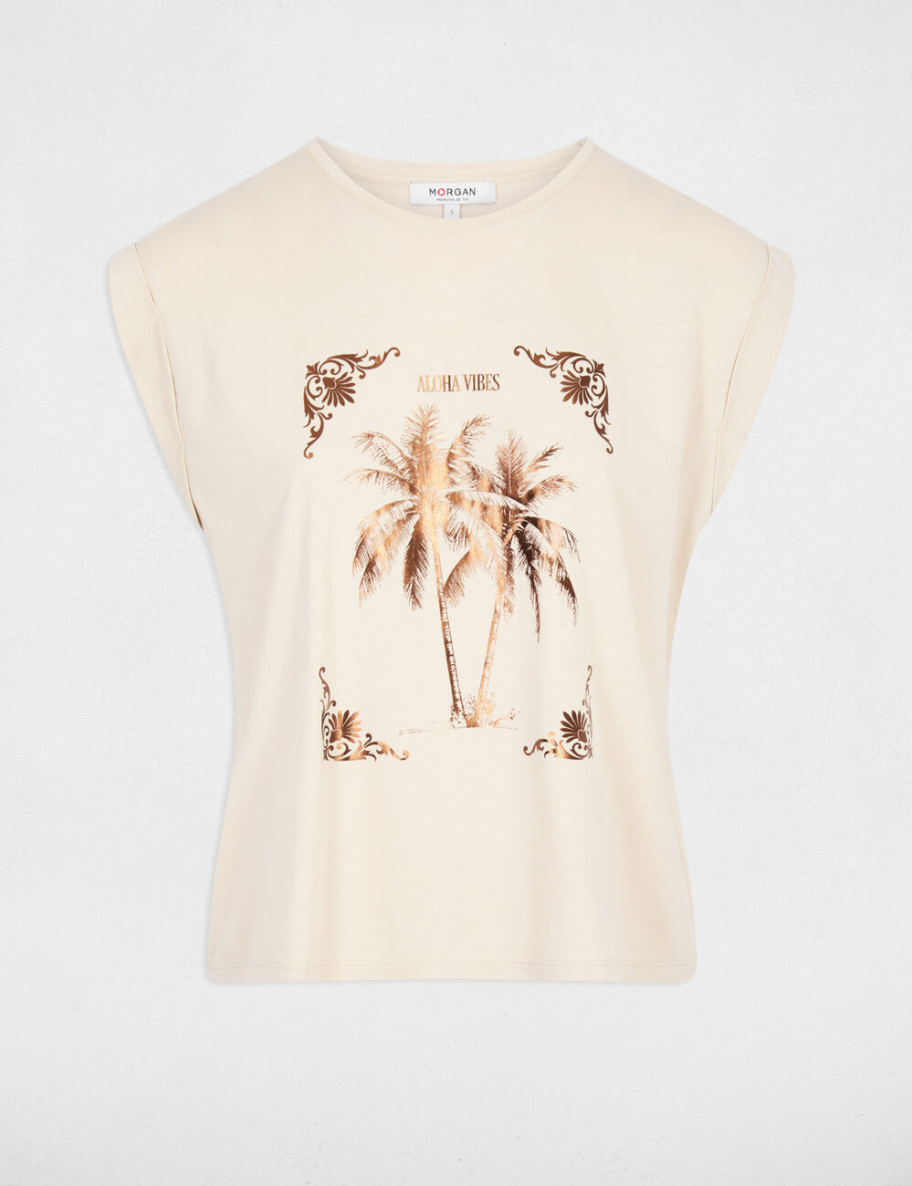 Camiseta estampada cuello redondo beis claro mujer