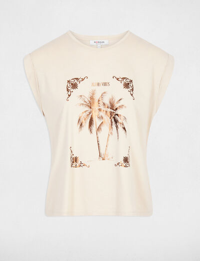 Camiseta estampada cuello redondo beis claro mujer