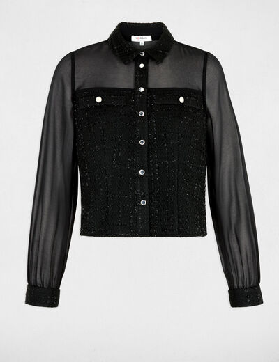 Camisa de tweed manga larga negro mujer