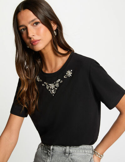 Camiseta de strass manga corta negro mujer