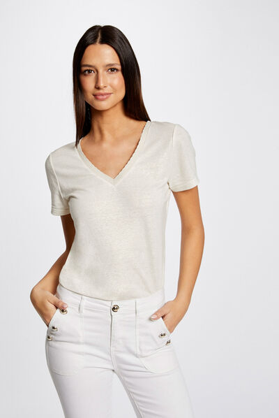Camiseta manga corta con escote en V crudo mujer