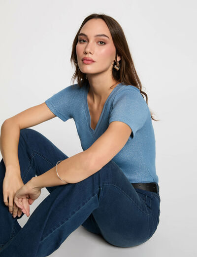 Camiseta manga corta con escote en V bleu gris mujer