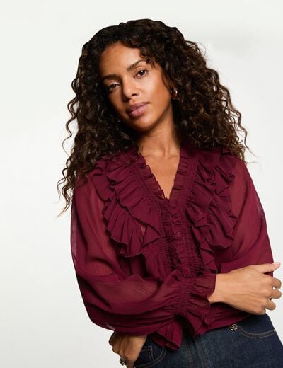 Camisa fluida con cuello en v burdeos mujer