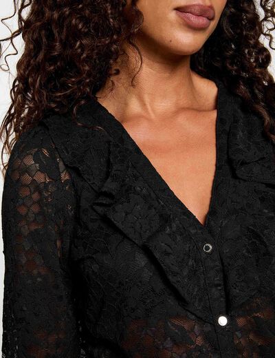 Blusa de encaje con cuello en v negro mujer