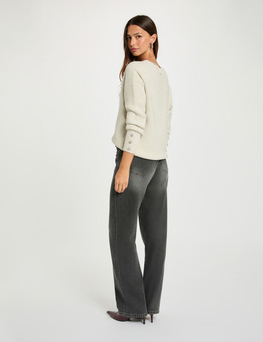 Jersey cuello en V oversize marfil mujer