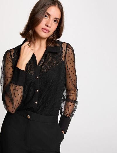 Camiseta de encaje manga larga negro mujer
