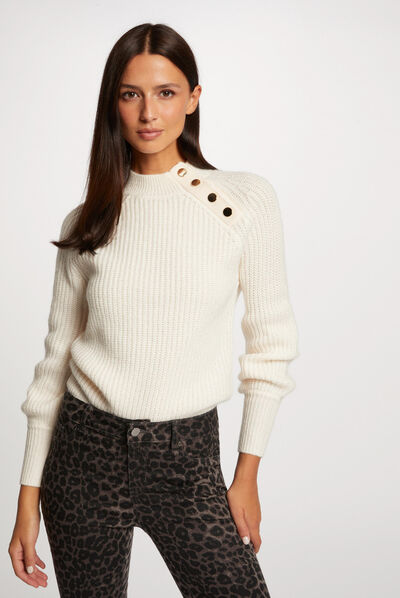 Jersey manga larga con cuello alto marfil mujer