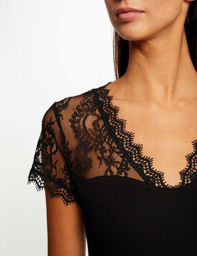 Camiseta manga corta con encaje negro mujer